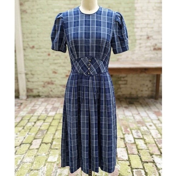 Miss Dorby Dresses & Skirts - Miss Dorby Plaid Midi Dress Blue Smocked Waist Vintage 90s Cottagecore 6P